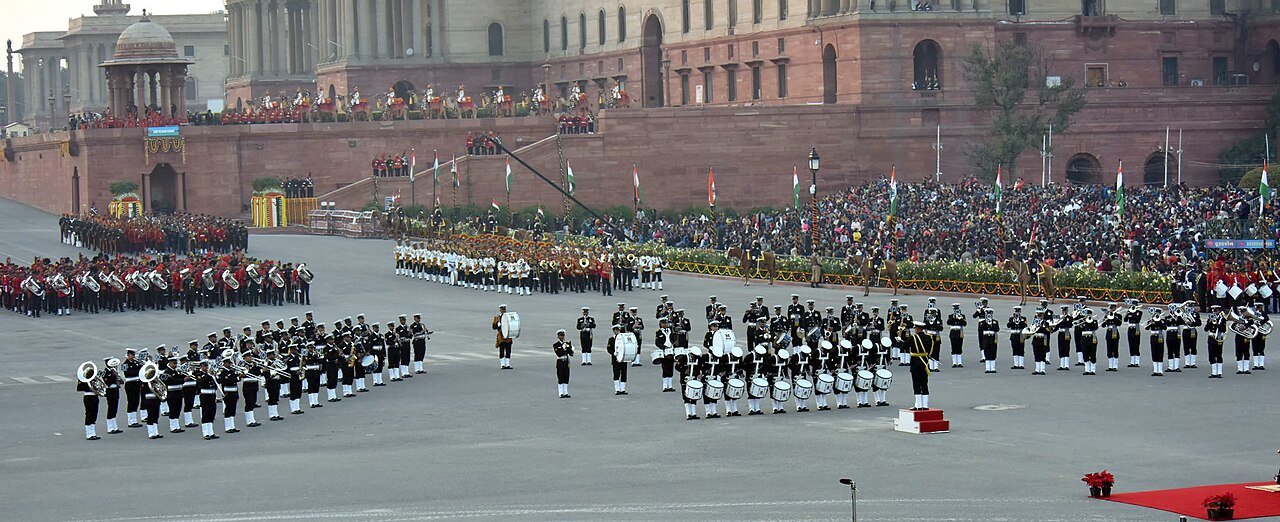 Massed military bands performing at the Beating Retreat ceremony at Vijay Chowk, 29 January 2018