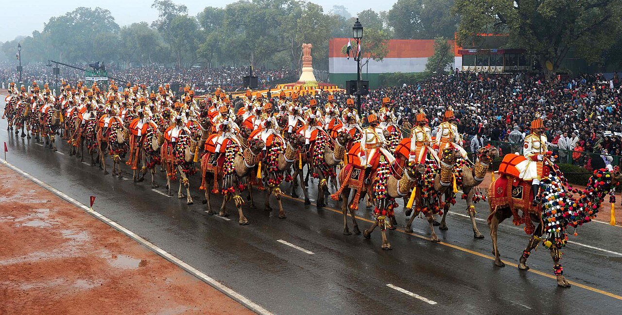 BSF camel contingent in ceremonial dress on Rajpath at the 66th Republic Day Parade, 2015