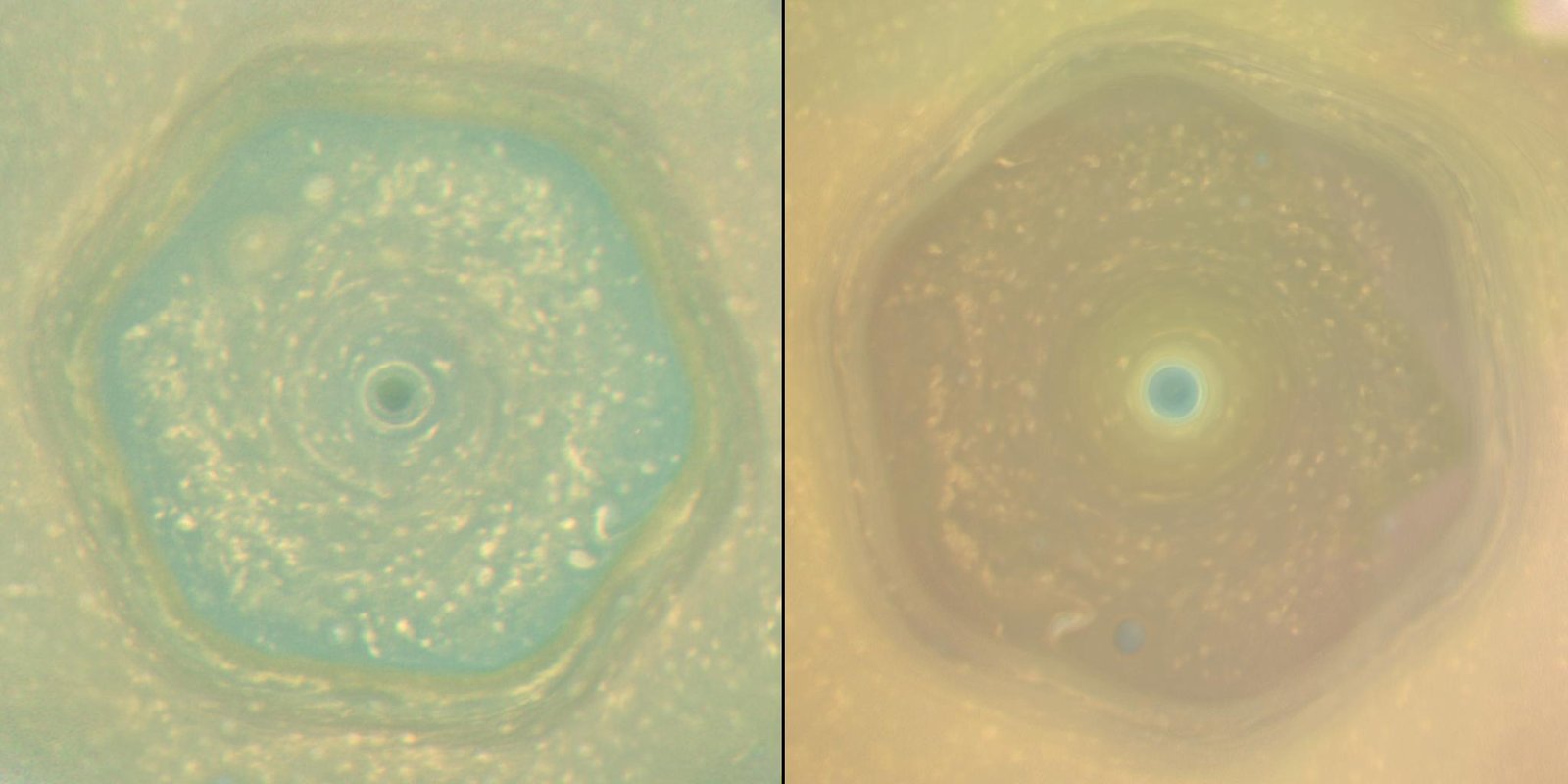 Saturn's north-polar hexagon in false colour, comparing its bluish-green appearance in 2013 (left) to its yellowish haze by 2016 (right)
