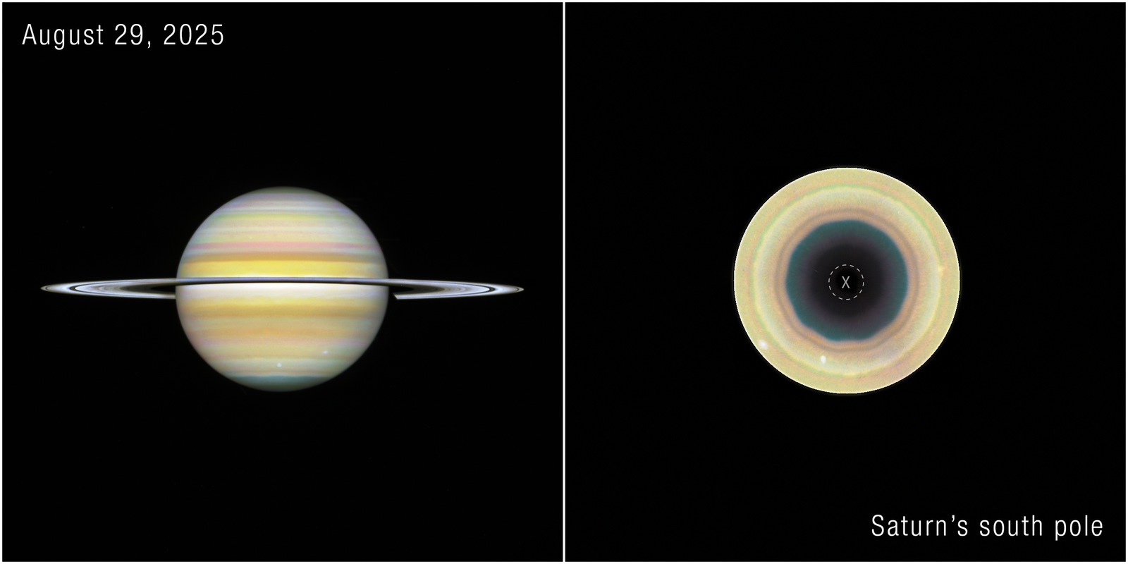 Hubble Space Telescope image from 29 August 2025 showing Saturn (left) and a close-up of its south pole with the newly identified decagon wave (right)
