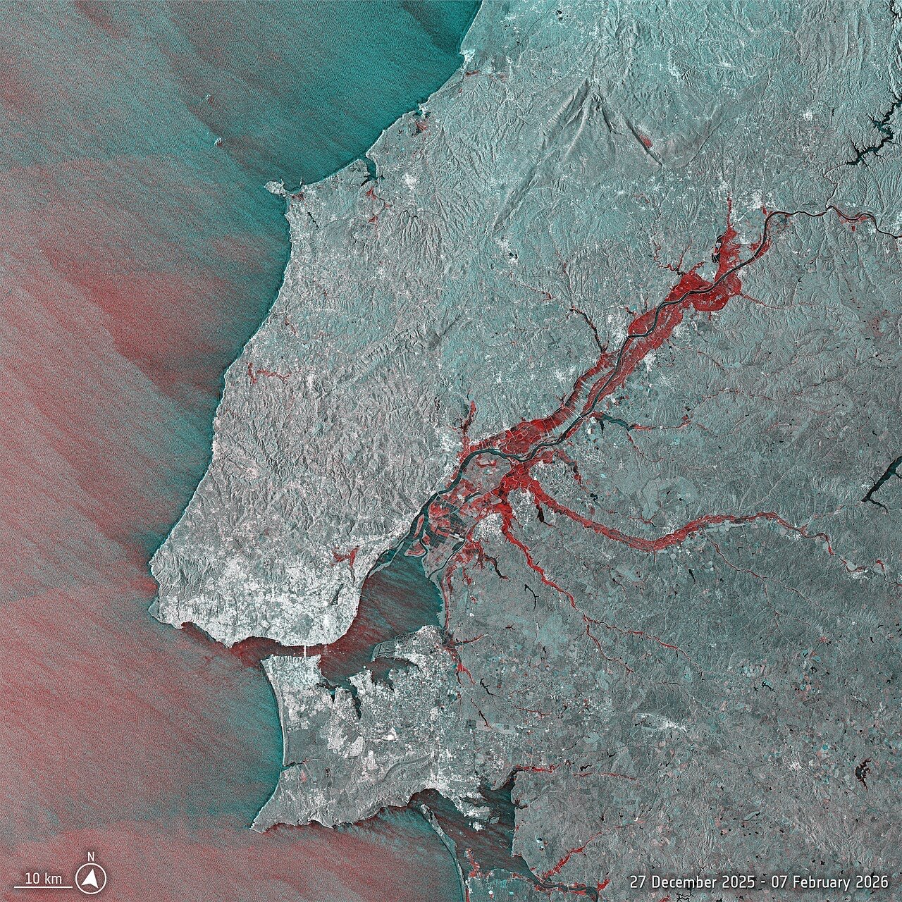 A radar change-detection image from Europe's Sentinel-1 showing floods (red) along the Tejo river in Portugal, December 2025 to February 2026, captured during storms that clouded out optical satellites