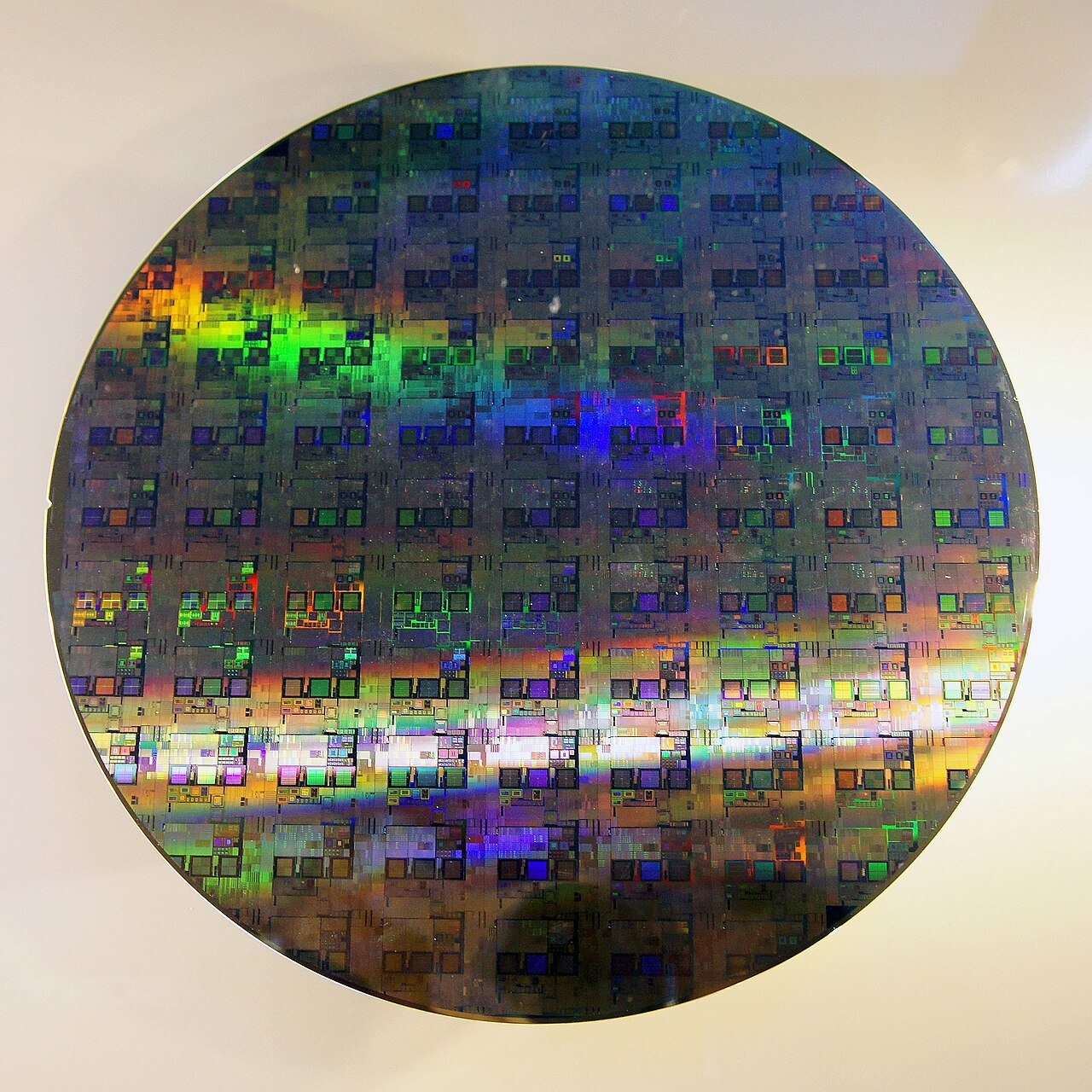 A 12-inch (300 mm) silicon wafer patterned with chips