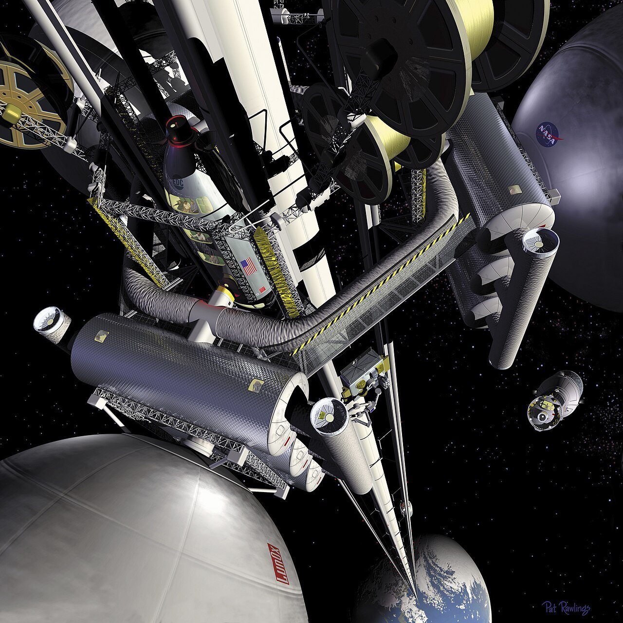 A space elevator transfer station in NASA's 1999 concept art, with the tether running down to Earth