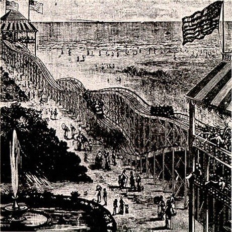 1884 period engraving of LaMarcus Thompson's Switchback Railway, America's first roller coaster, at Coney Island