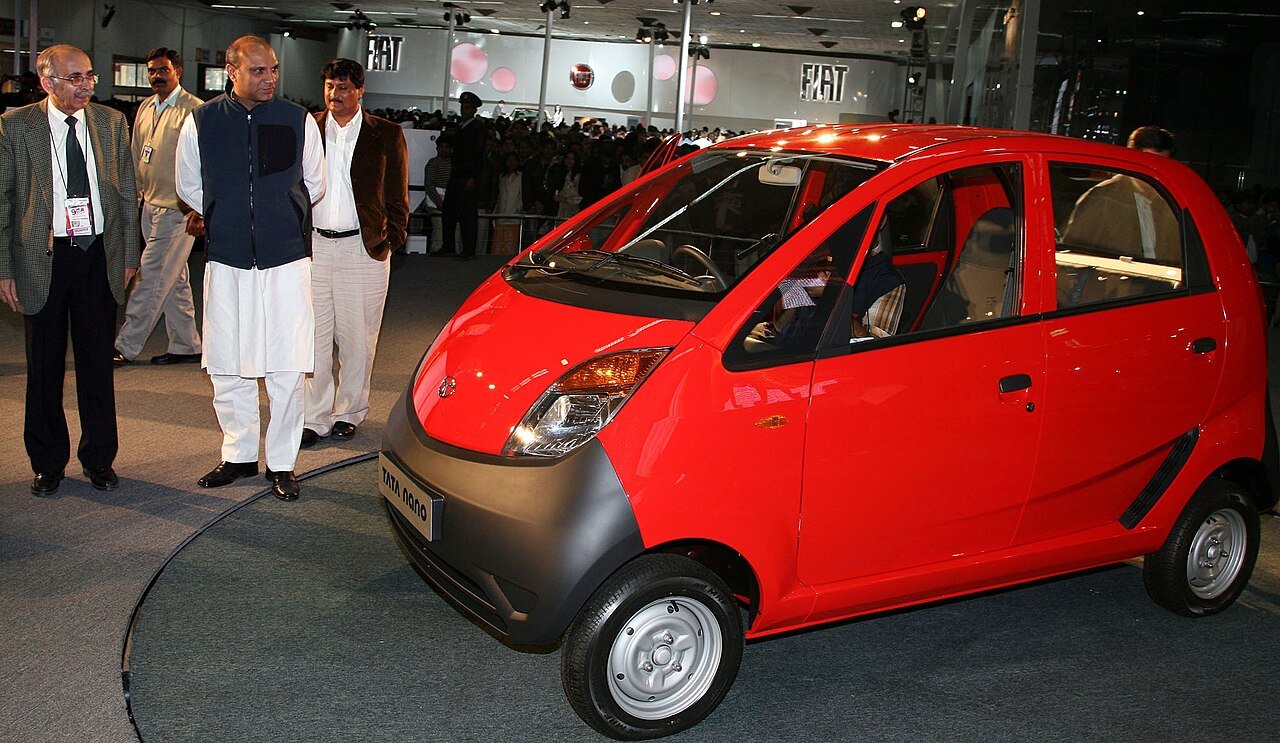 A red Tata Nano on display at the Ninth Auto Expo in New Delhi, January 2008