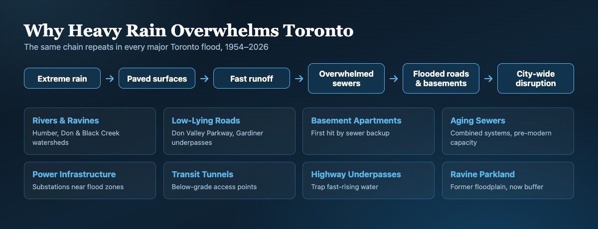 Visual explainer showing how extreme rain, paved surfaces, sewers, rivers and low-lying roads contribute to Toronto flooding