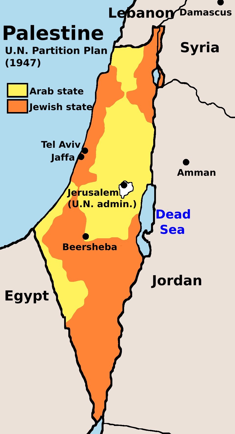 The 1947 UN partition plan: the proposed Arab state (yellow), Jewish state (orange) and international zone around Jerusalem