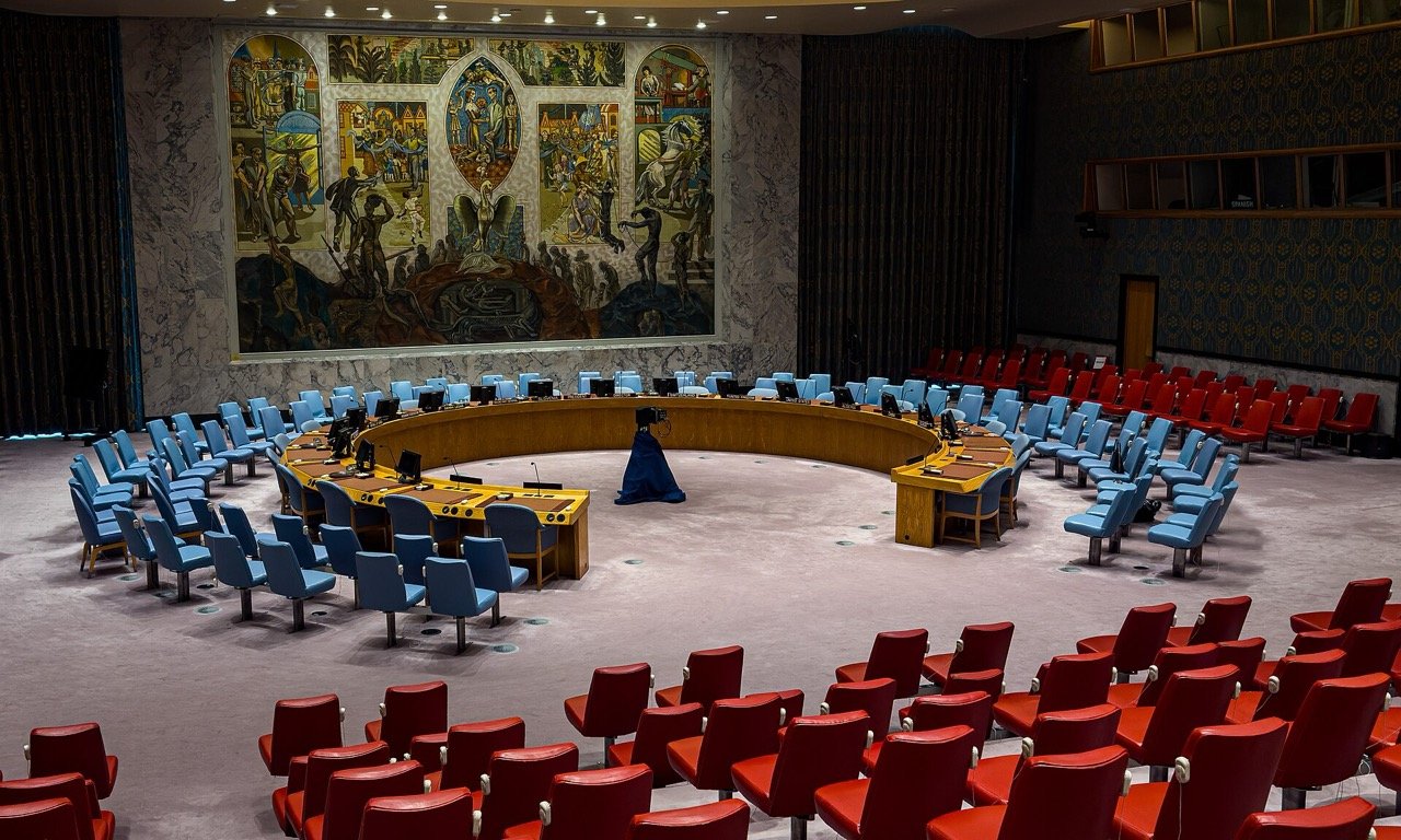 The Security Council chamber at UN headquarters in New York, where Resolutions 2712, 2720, 2728, 2735 and 2803 were adopted