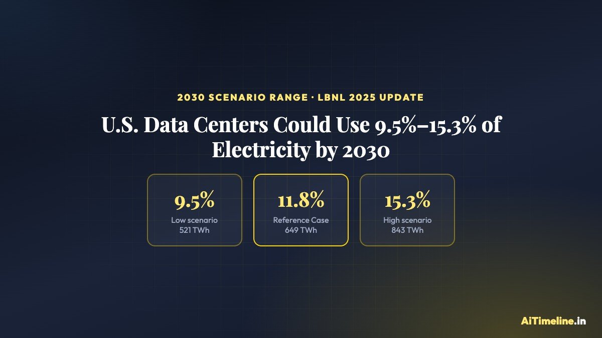 Chart showing U.S. data center electricity use could reach 9.5% to 15.3% of total U.S. electricity by 2030, per Lawrence Berkeley National Laboratory's 2025 Update