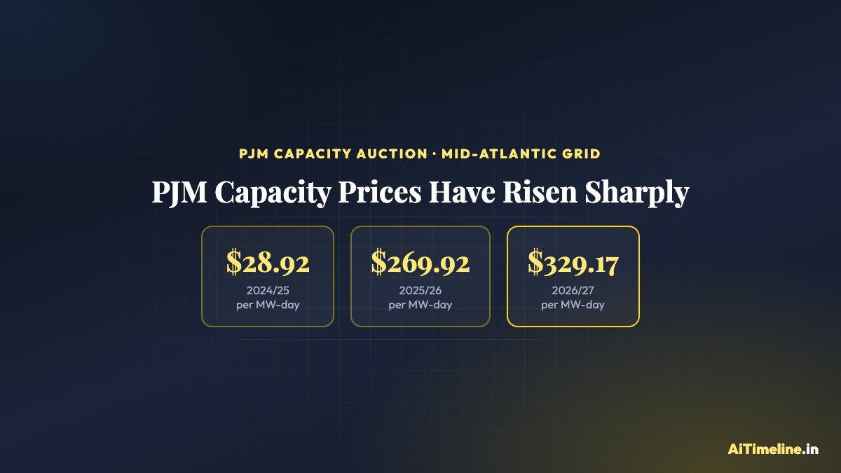 Chart showing PJM capacity auction prices rising from $28.92 per megawatt-day in 2024/2025 to $269.92 in 2025/2026 and $329.17 in 2026/2027