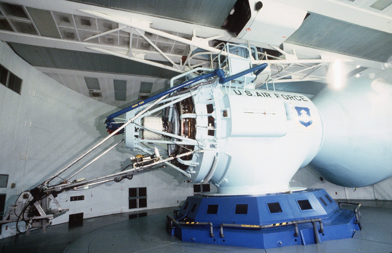 USAF human centrifuge, also known as a dynamic environment simulator, used to study the effects of sustained acceleration on pilots at Wright-Patterson Air Force Base