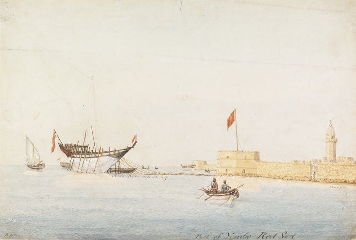 1830s watercolour of the port of Yanbu (Yembo) on the Red Sea by Robert Moresby