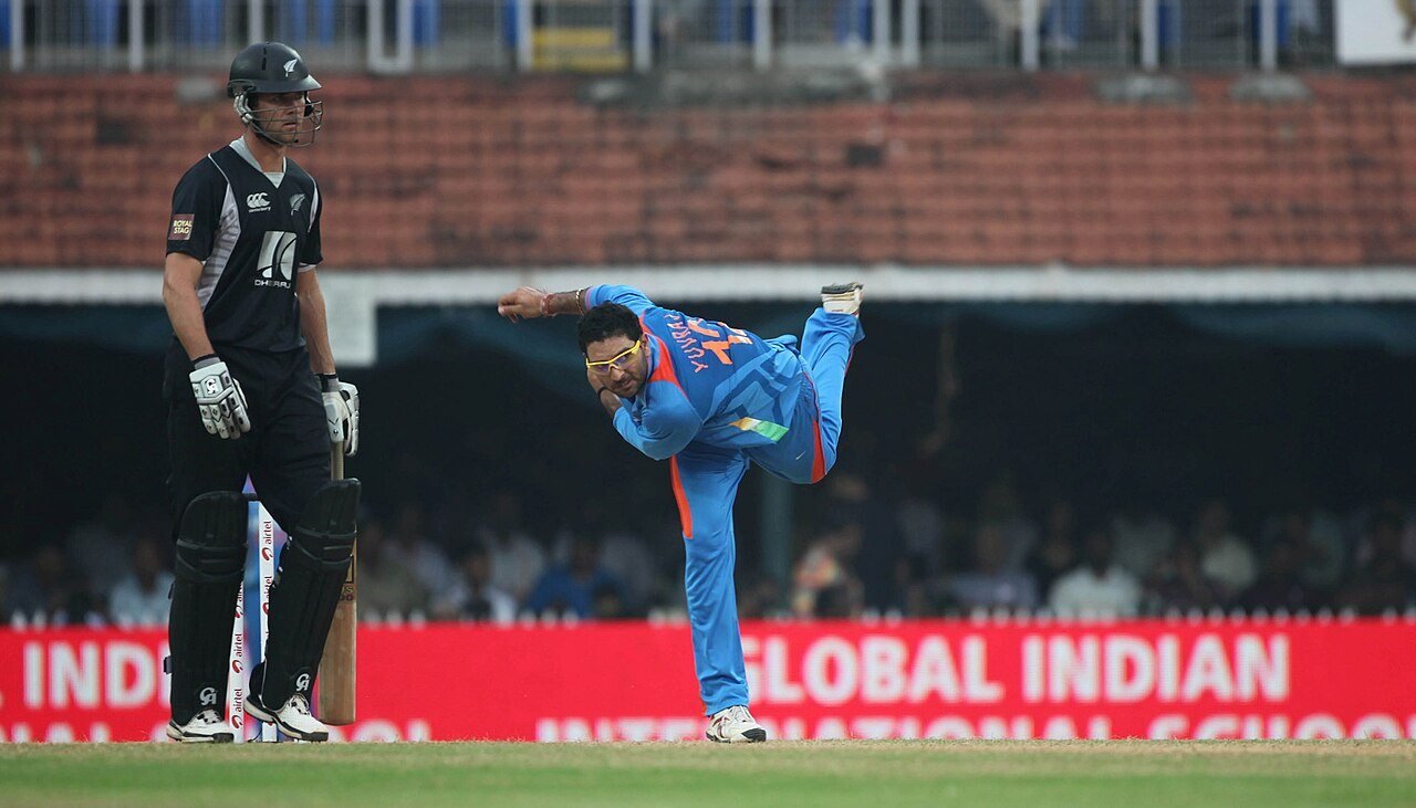 Yuvraj Singh bowling against New Zealand in Chennai in December 2010