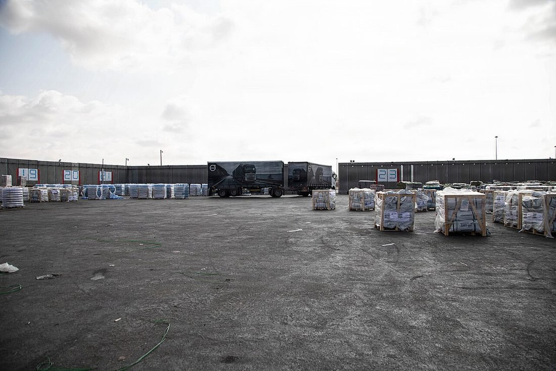 Pallets of humanitarian aid at the Kerem Shalom crossing point in November 2025