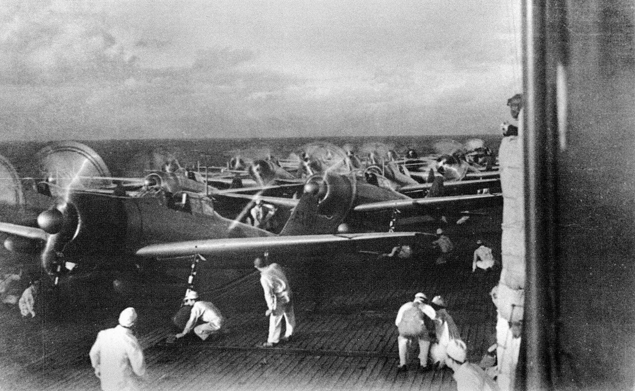 Aircraft prepare to take off from the Japanese carrier Akagi for the second wave of the attack on Pearl Harbor, 7 December 1941