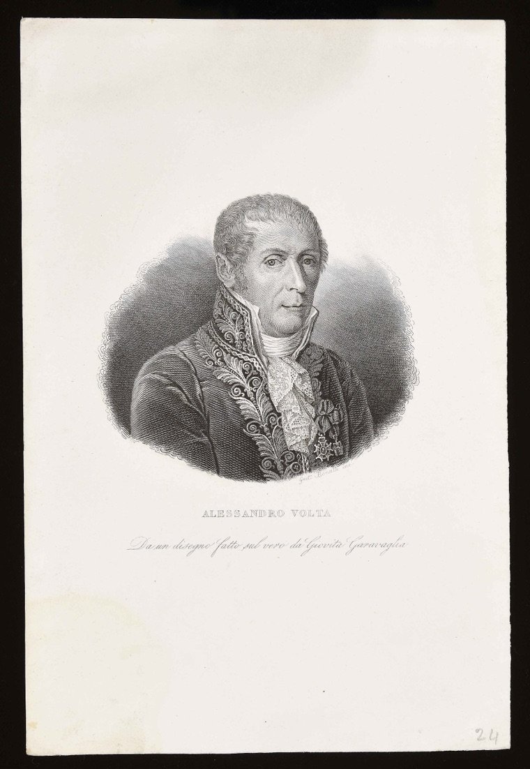 Alessandro Volta, professor of physics at the University of Pavia, in an 1837 engraving