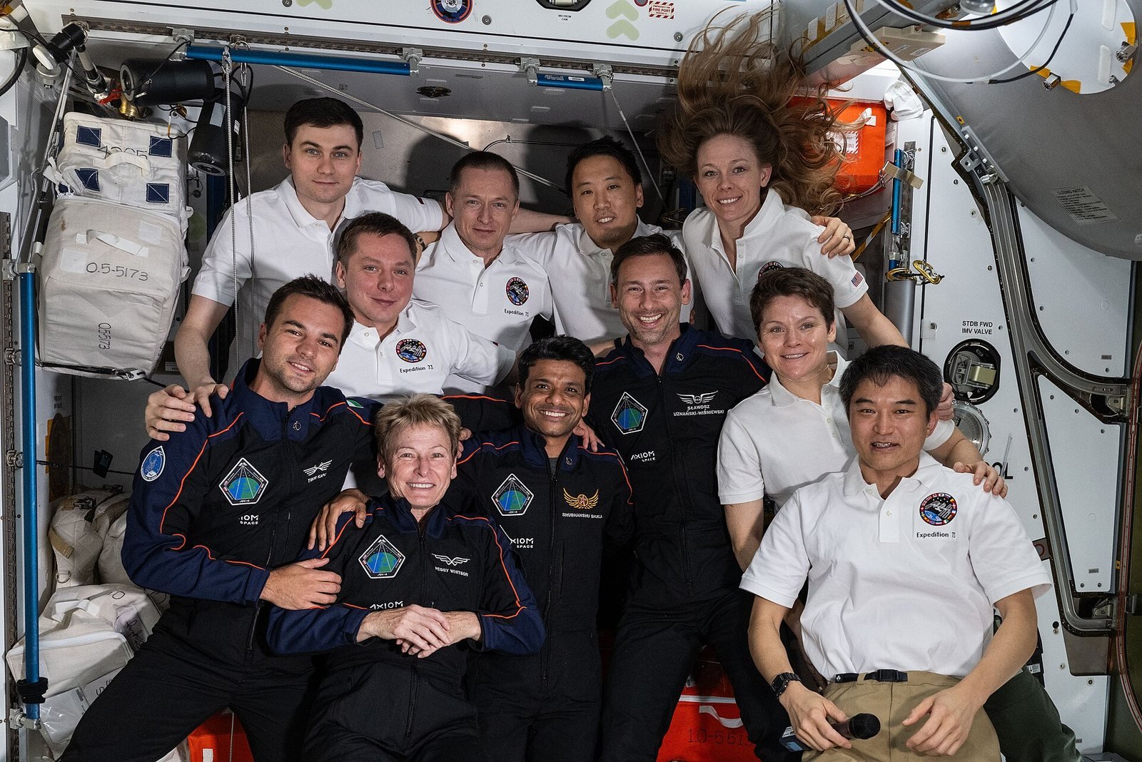 The Axiom Mission 4 and Expedition 73 crews aboard the ISS in June 2025
