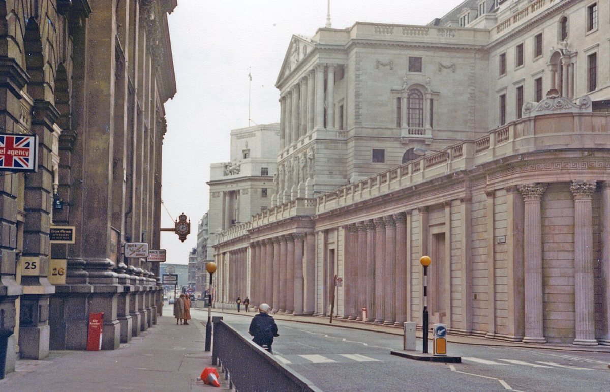 The Bank of England on Threadneedle Street in the City of London, photographed in 1983