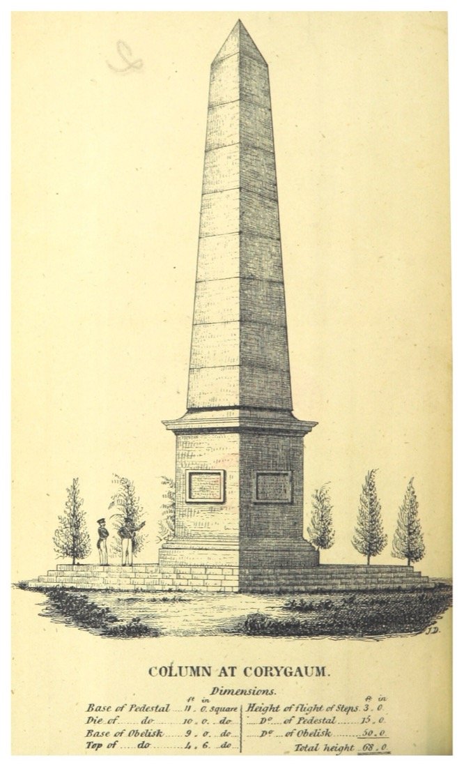 1843 engraving of the column at Corygaum, the Koregaon battle memorial