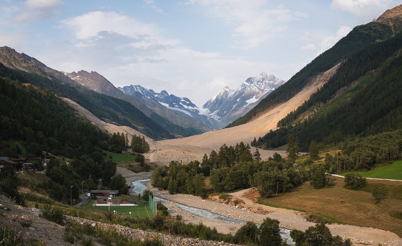 The Lötschental seen from Wiler in August 2025, two months after the Birch Glacier collapse buried most of the village of Blatten