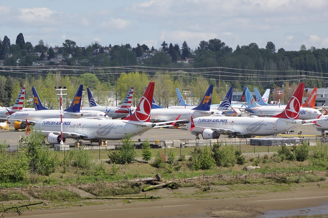 Undelivered, grounded 737 MAX jets parked near Boeing Field, Seattle, in April 2019
