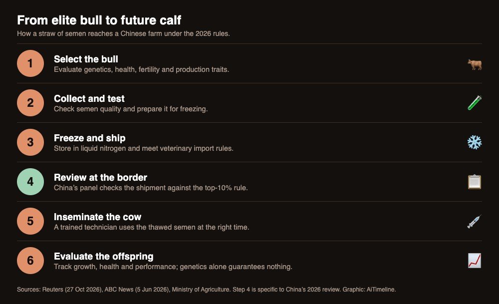 Six numbered steps: select the bull, collect and test, freeze and ship, review at the border, inseminate the cow, evaluate the offspring