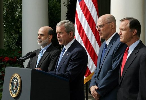 President George W. Bush with Fed Chairman Ben Bernanke, Treasury Secretary Henry Paulson and SEC Chairman Christopher Cox in the Rose Garden, 19 September 2008