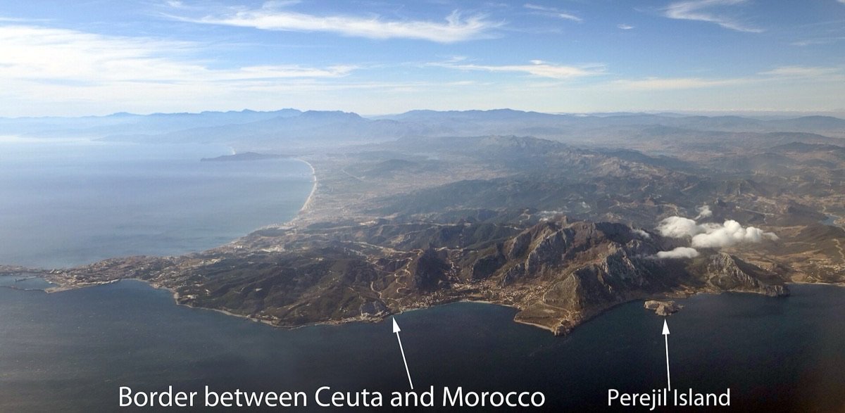 Ceuta from the air: the peninsula, the land border with Morocco and, to the west, Perejil Island