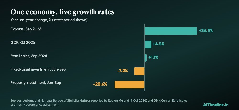 Bar chart of China's latest growth rates: September 2026 exports up 36.3%, third-quarter GDP up 4.5%, September retail sales up 1.1%, January to September fixed-asset investment down 7.2%, property investment down 20.6%.