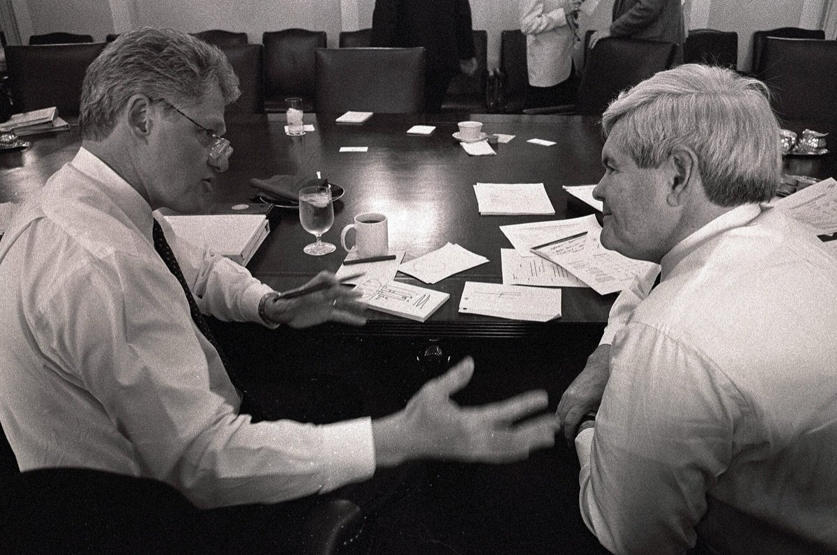 President Bill Clinton and Speaker Newt Gingrich in budget talks in the Cabinet Room, 30 December 1995, during the shutdown and debt-limit fight