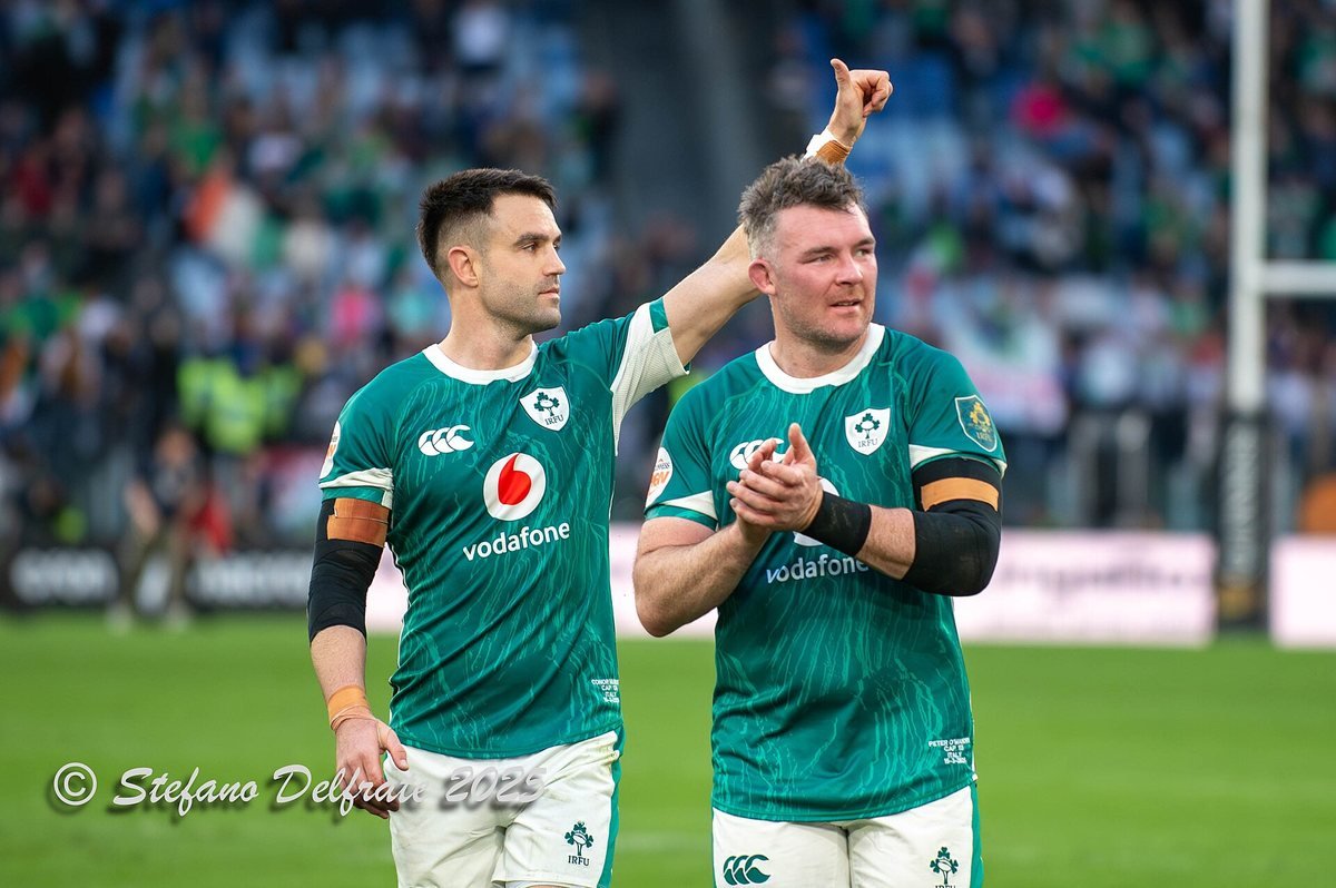 Conor Murray and Peter O’Mahony thank the Ireland supporters in Rome after their last Six Nations match