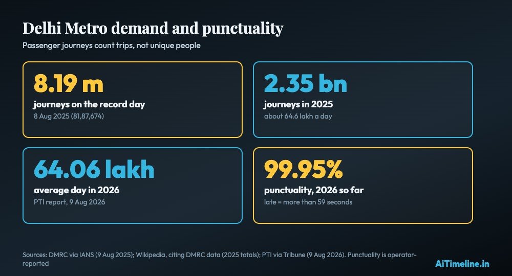 Four tiles: 8.19 million journeys on the 8 August 2025 record day, 2.35 billion journeys in 2025, an average of 64.06 lakh journeys a day in 2026 and 99.95 per cent punctuality in 2026 so far.