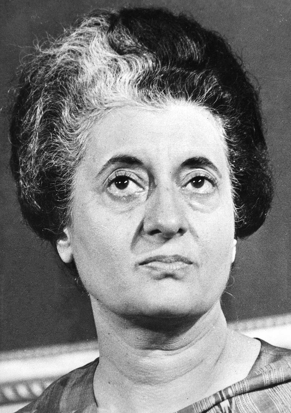 Black-and-white portrait of Indira Gandhi, 1977