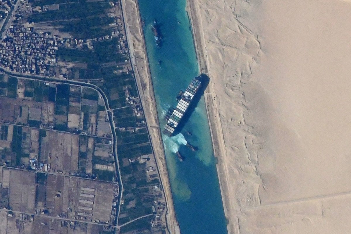 The Ever Given wedged across the Suez Canal, photographed from the International Space Station on 27 March 2021