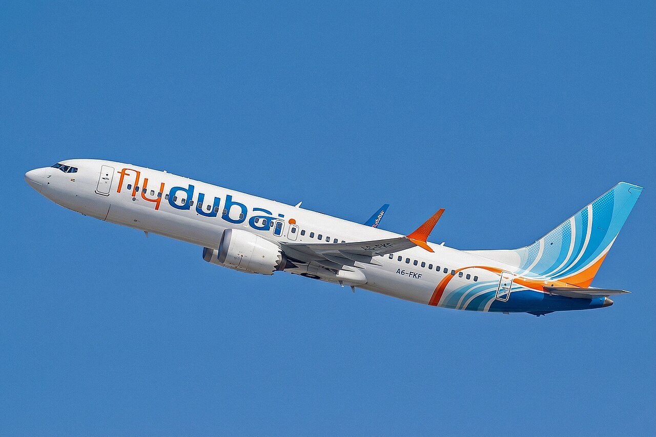 The flydubai Boeing 737 MAX 8 registered A6-FKF, the aircraft that operated FZ1073, photographed at Dubai International Airport on 2 January 2026