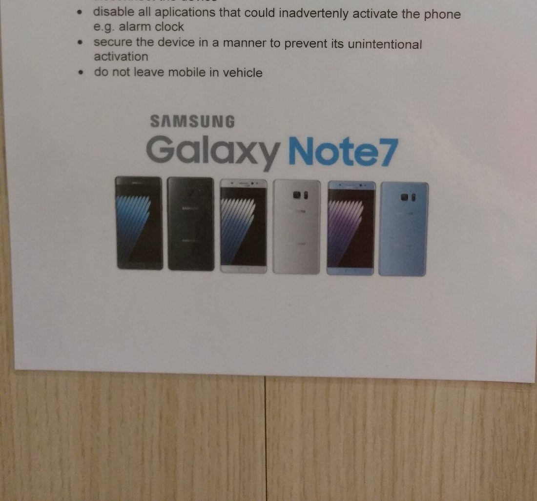 A notice for Galaxy Note7 owners on a ferry from Poland to Sweden, photographed in October 2017, a year after the recall