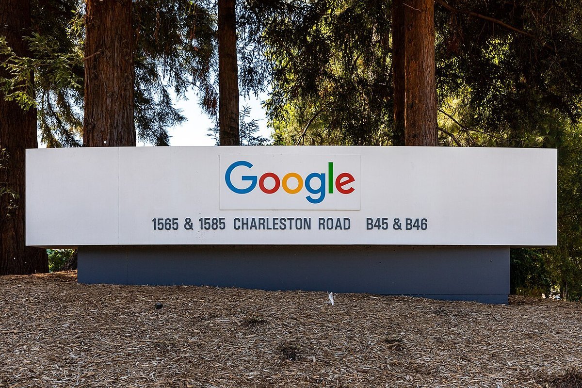 A Google sign on Charleston Road in Mountain View, California, near the Googleplex