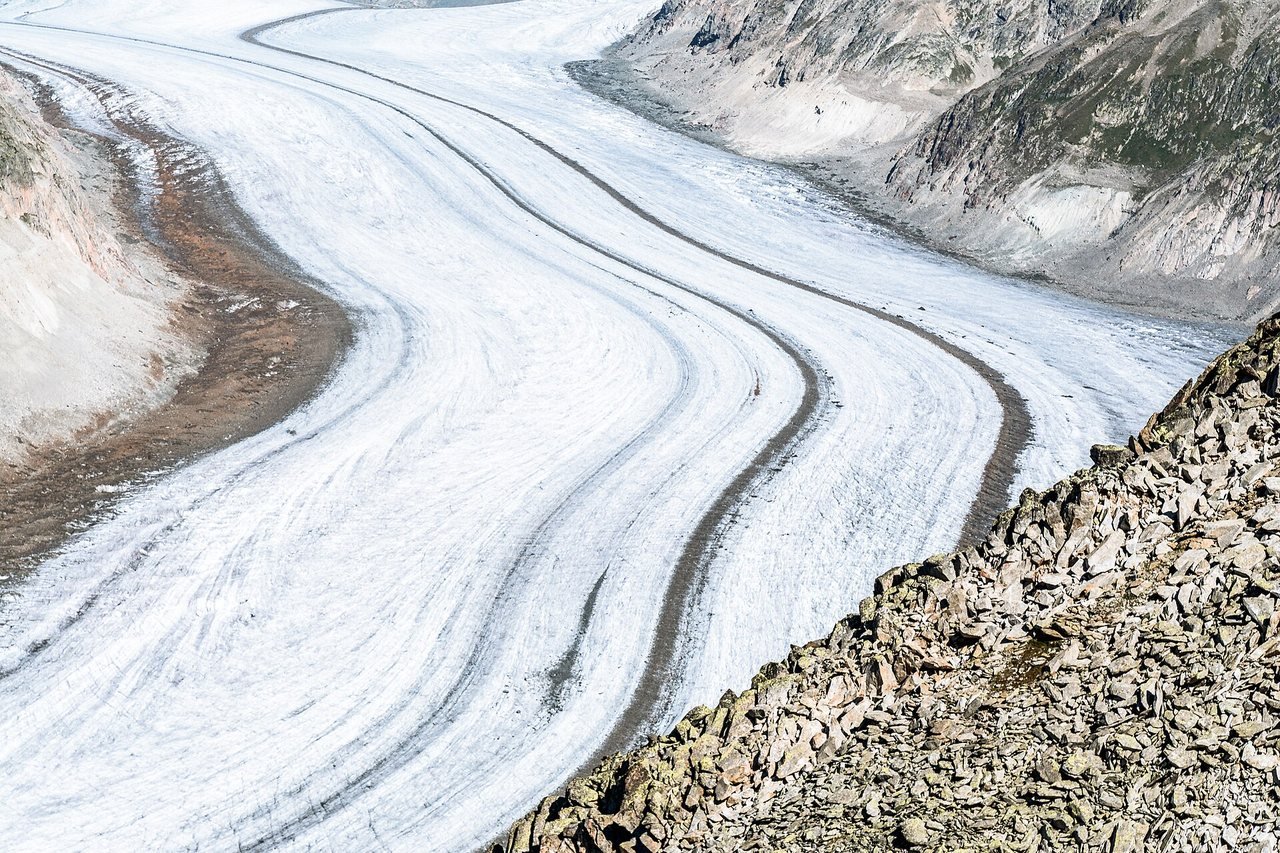 The Great Aletsch Glacier in Valais, the largest in the Alps, in August 2020