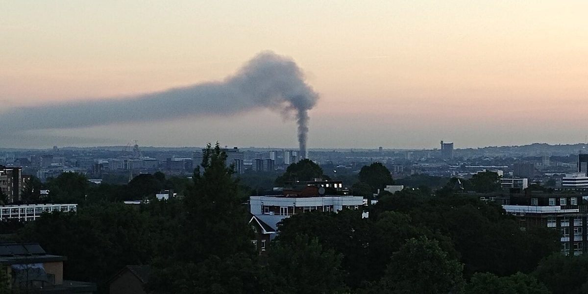 The smoke plume from Grenfell Tower seen from Putney Hill at 4:51am on 14 June 2017