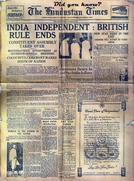 The Hindustan Times front page of 15 August 1947