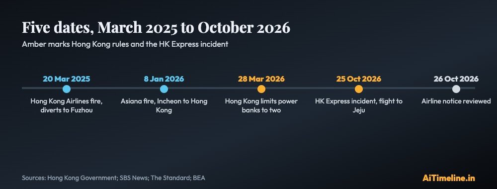 Date strip: 20 March 2025 Hong Kong Airlines diversion, 8 January 2026 Asiana fire, 28 March 2026 Hong Kong rule change, 25 October 2026 HK Express incident on the Jeju flight, 26 October 2026 airline rules reviewed.