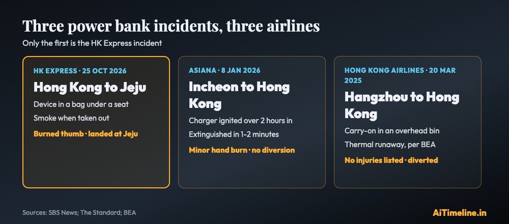 Comparison of three power bank incidents: HK Express, 25 October 2026, under-seat bag, a burned thumb, landed at Jeju; Asiana, 8 January 2026, hand burn, no diversion; Hong Kong Airlines, 20 March 2025, overhead bin fire, diverted to Fuzhou, no injuries.