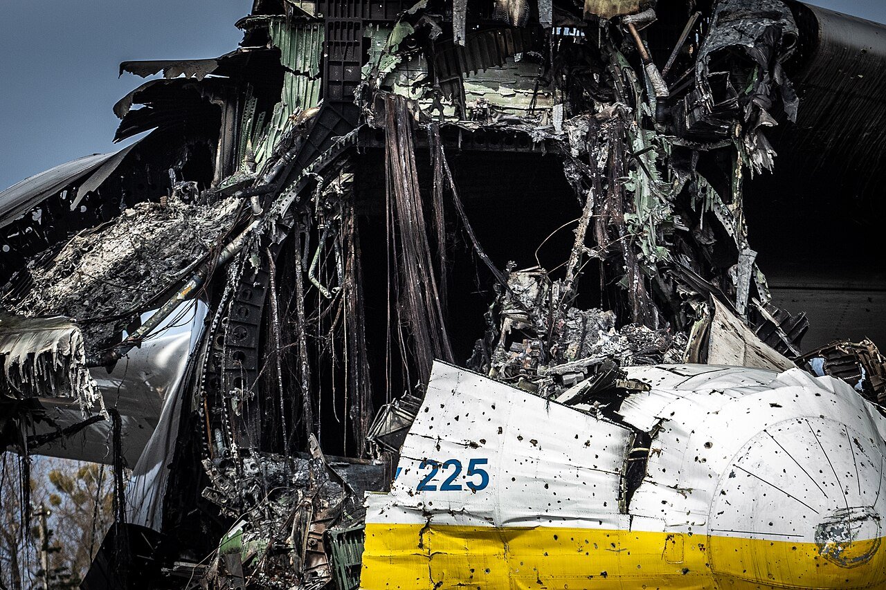 The wreck of the Antonov An-225 Mriya, the world’s largest cargo plane, at Hostomel airport near Kyiv in April 2022
