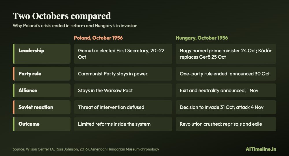 Comparison chart of Poland and Hungary in October 1956: Gomulka took power in Poland and party rule stayed, while in Hungary one-party rule and the Warsaw Pact were challenged and the Soviet Union invaded.