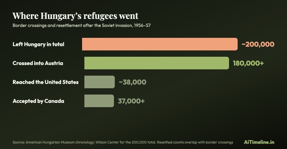 Bar chart of Hungarian refugees after 1956: about 200,000 in total, more than 180,000 crossing into Austria, about 38,000 reaching the United States and more than 37,000 accepted by Canada.