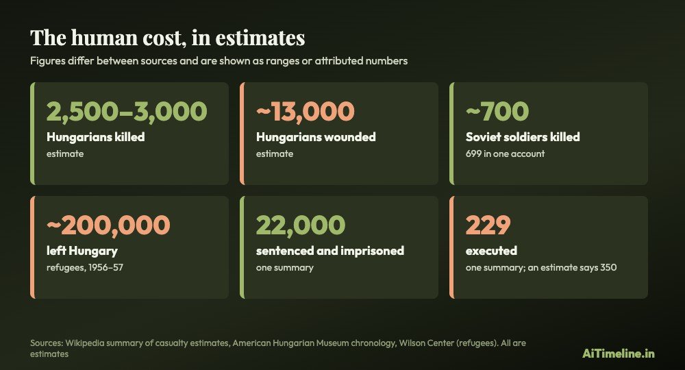 Chart of estimated human cost of the 1956 Hungarian Revolution: 2,500 to 3,000 Hungarians killed, about 13,000 wounded, about 700 Soviet soldiers killed, about 200,000 refugees, 22,000 imprisoned and 229 executed in one summary.