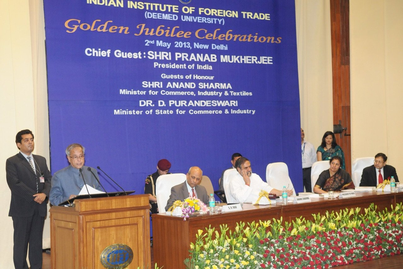 President Pranab Mukherjee addresses IIFT’s golden jubilee in New Delhi on 2 May 2013, with Commerce Minister Anand Sharma on the dais