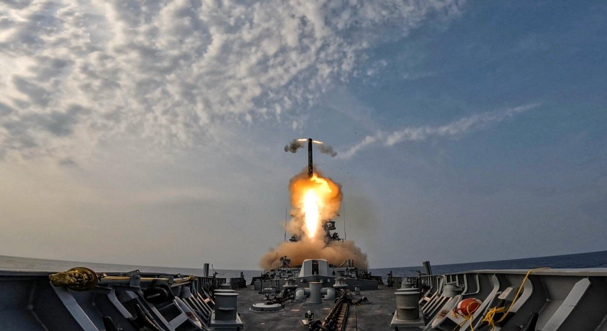 An Indian Navy missile firing in an image released by the Ministry of Defence during Operation Sindoor, May 2025