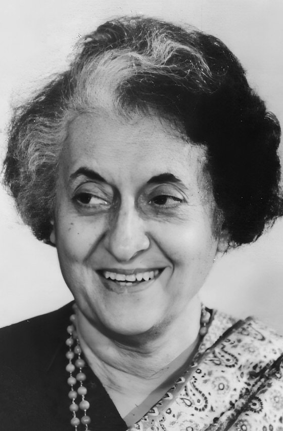 Black and white portrait of Indira Gandhi smiling