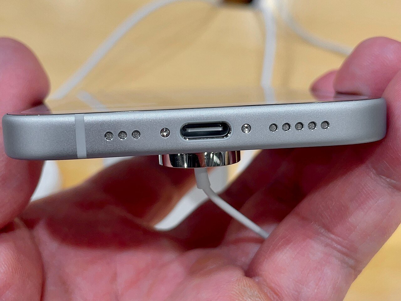 The USB-C port on an iPhone 15